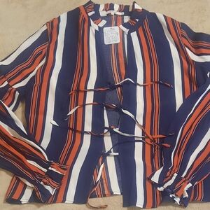 Free People Blue and Red Striped Blouse with Tie Front and Mandarin Collar